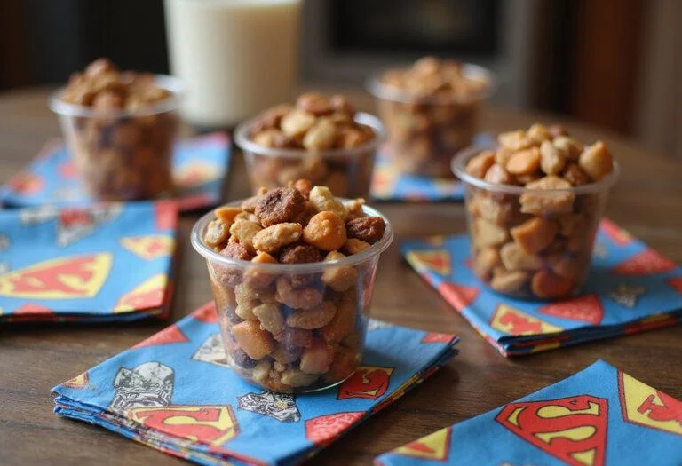 Marvel Guardians of the Galaxy Awesome Mix Trail Mix served in individual cups with superhero-themed decorations, ideal for parties or gatherings.