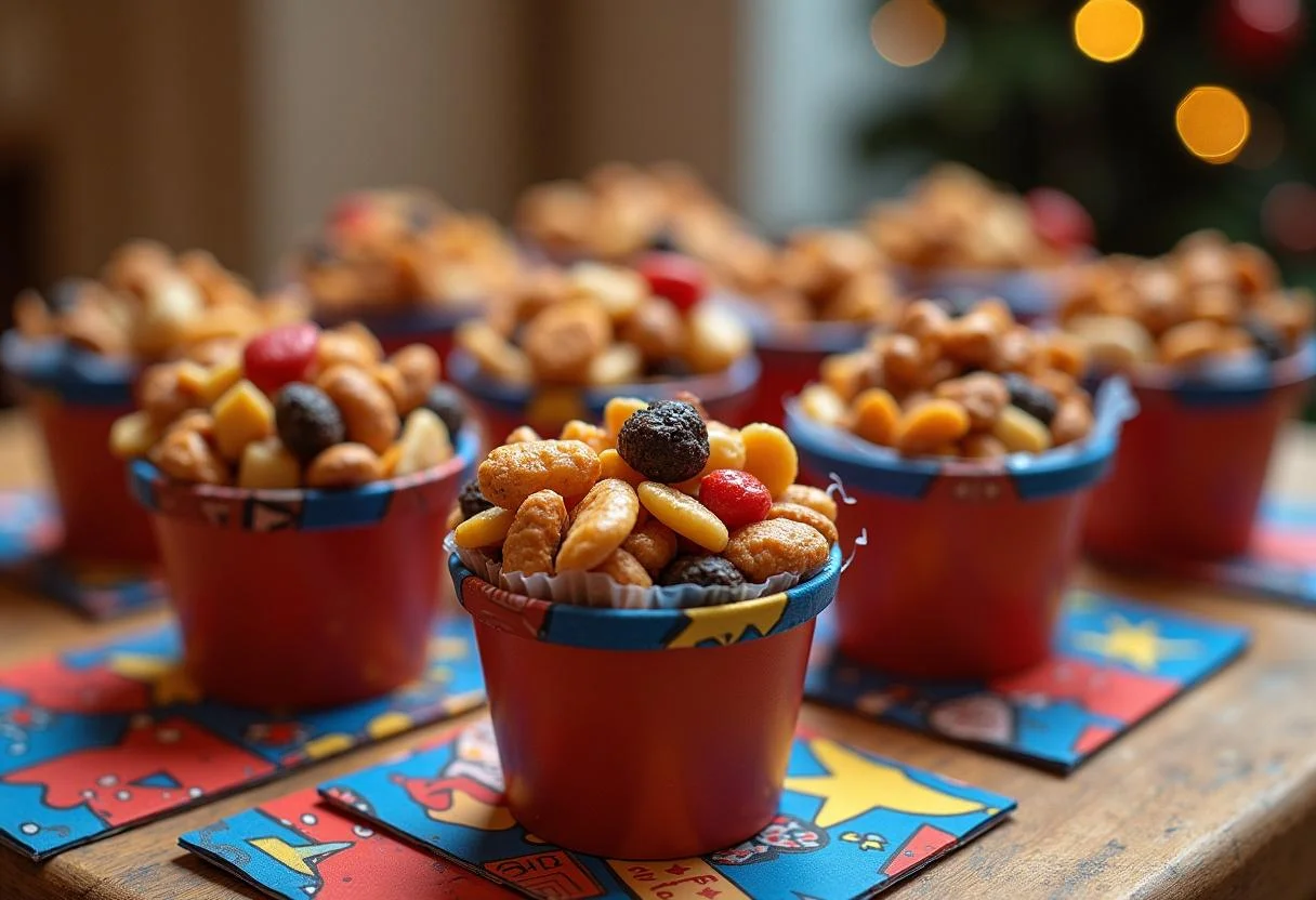 Marvel Guardians of the Galaxy Awesome Mix Trail Mix served in individual cups with superhero-themed decorations, ideal for parties or gatherings.