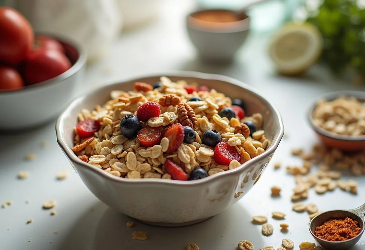 Marvel Guardians of the Galaxy Awesome Mix Trail Mix ingredients assembled, including rolled oats, nuts, and dried fruits in a bright kitchen setting.