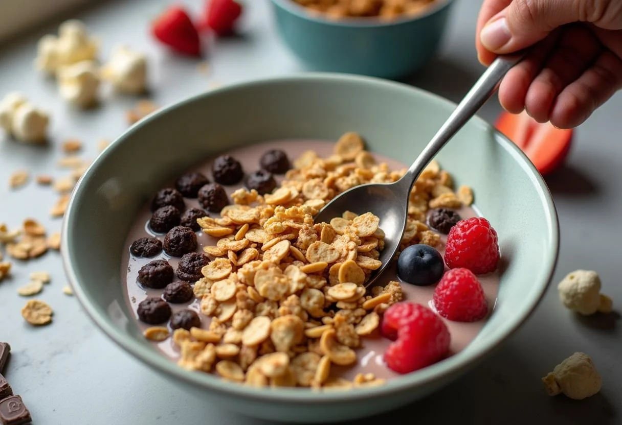 Mixing ingredients for Marvel Guardians of the Galaxy Awesome Mix Trail Mix, featuring a colorful blend of oats, nuts, fruits, and chocolates in a cozy kitchen environment.