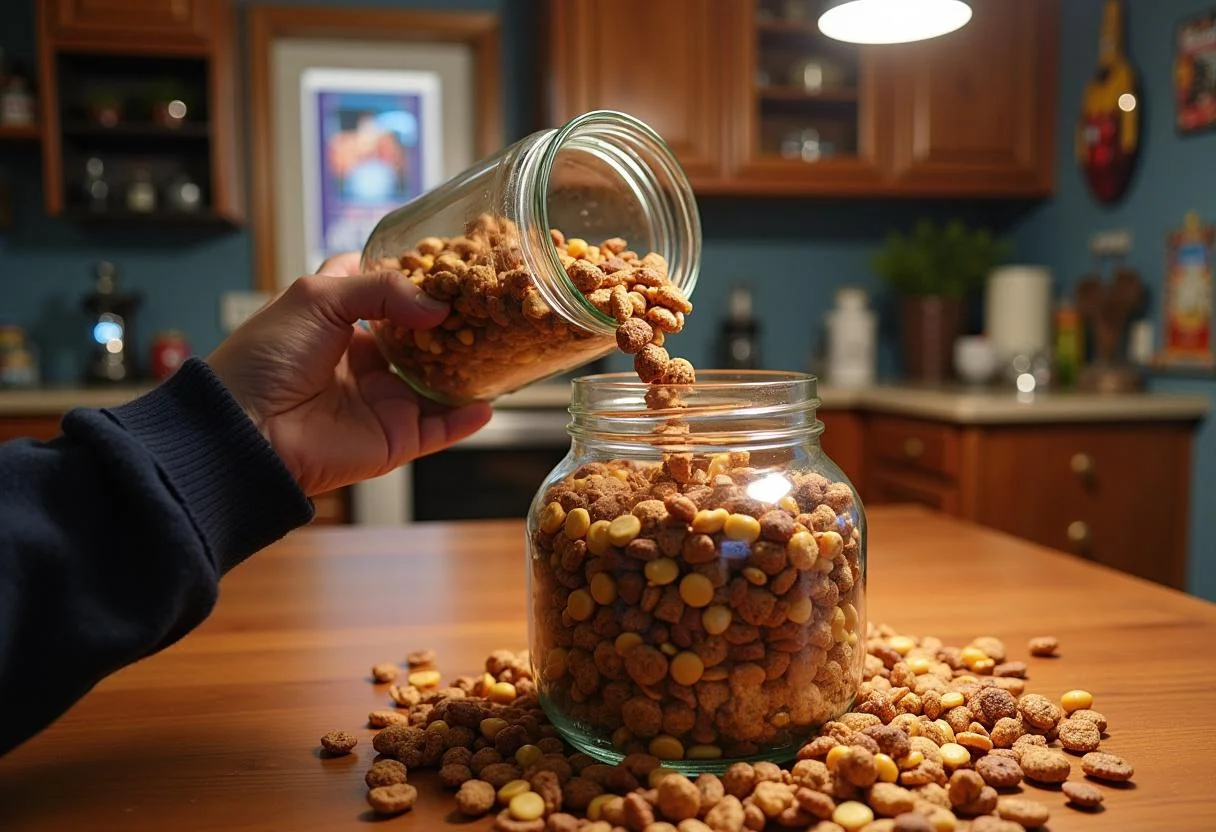 Pouring homemade Marvel Guardians of the Galaxy Awesome Mix Trail Mix into a jar, surrounded by Marvel-themed decor, perfect for a movie night or snack.