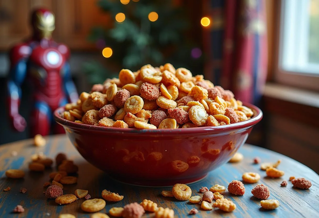 Completed Marvel Guardians of the Galaxy Awesome Mix Trail Mix served in a festive bowl, showcasing a colorful and crunchy assortment, perfect for fans and snacks.
