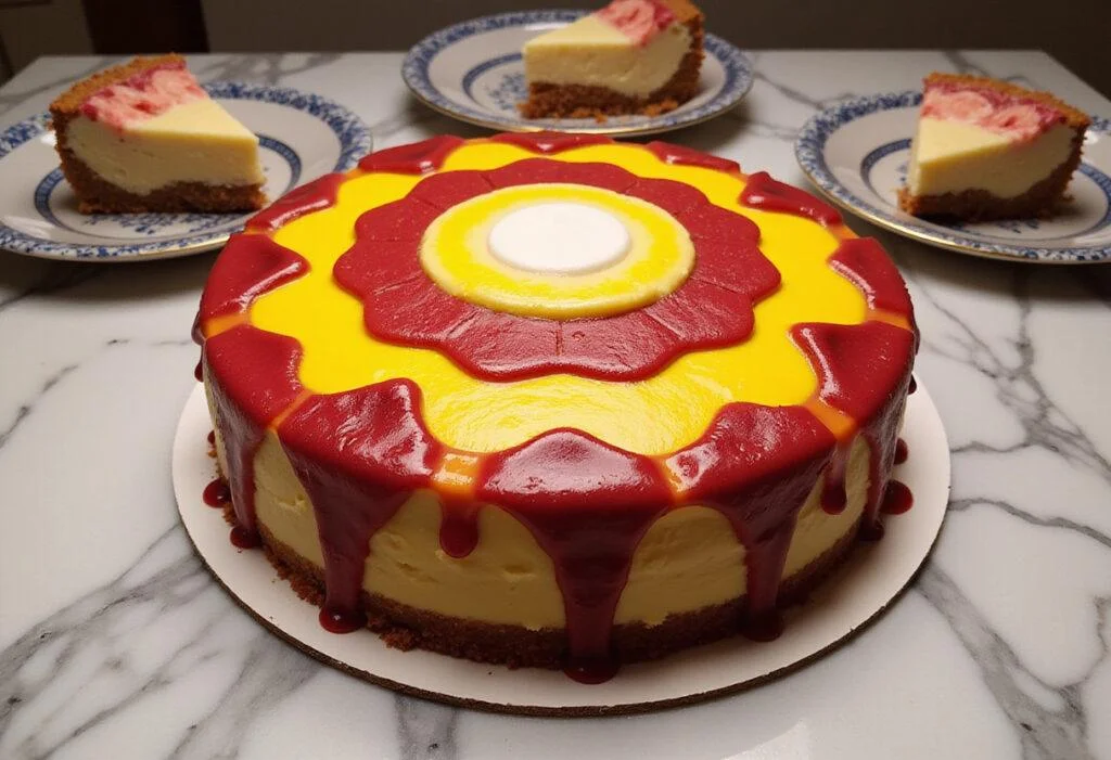 Beautifully presented Marvel Iron Man Arc Reactor Cheesecake on a marble countertop.