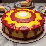 Beautifully presented Marvel Iron Man Arc Reactor Cheesecake on a marble countertop.