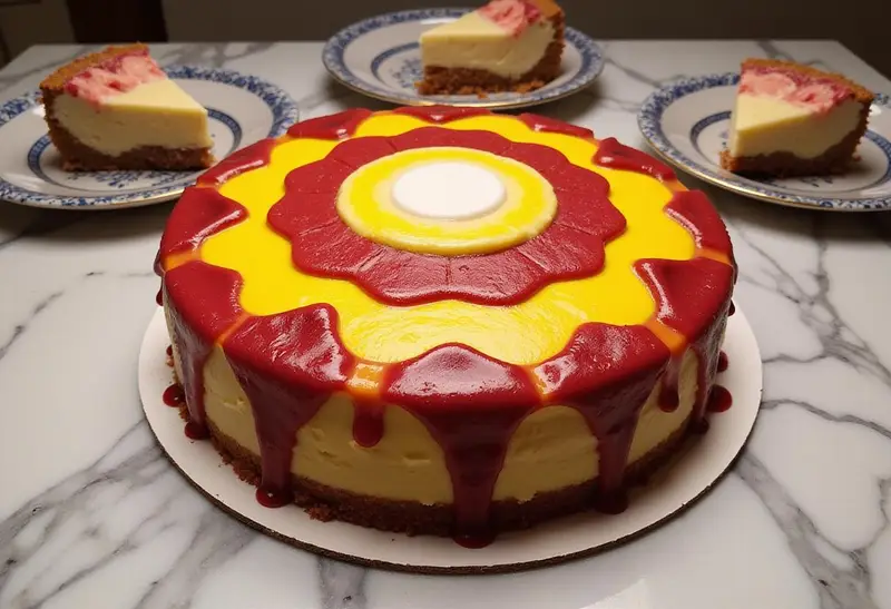 Beautifully presented Marvel Iron Man Arc Reactor Cheesecake on a marble countertop.