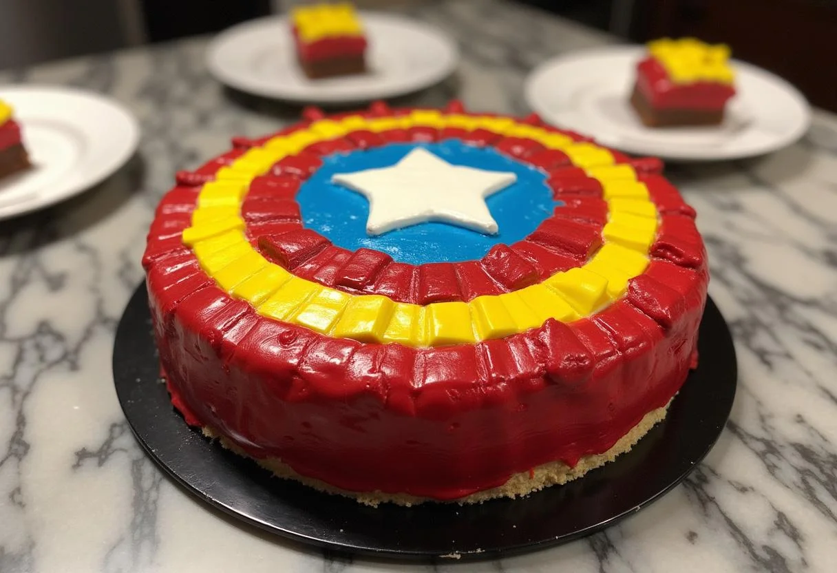 Beautifully presented Marvel Iron Man Arc Reactor Cheesecake on a marble countertop.