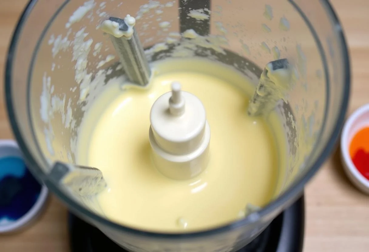 Creating the filling for Marvel Iron Man Arc Reactor Cheesecake with blended cream cheese in a kitchen setting.