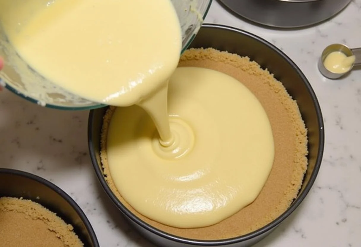 Pouring cheesecake mixture for Marvel Iron Man Arc Reactor Cheesecake into a springform pan.