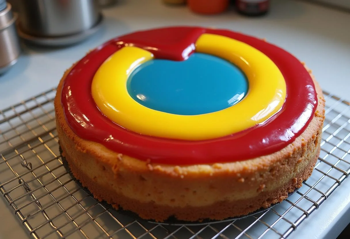 Decorating Marvel Iron Man Arc Reactor Cheesecake with jelly and frosting in a kitchen setting.