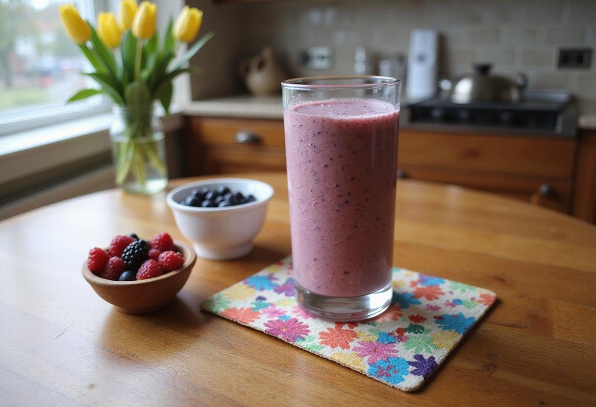 The final presentation of Marvel Jessica Jones' PI Power Smoothie on a rustic table, surrounded by fresh berries for an inviting and healthy look.