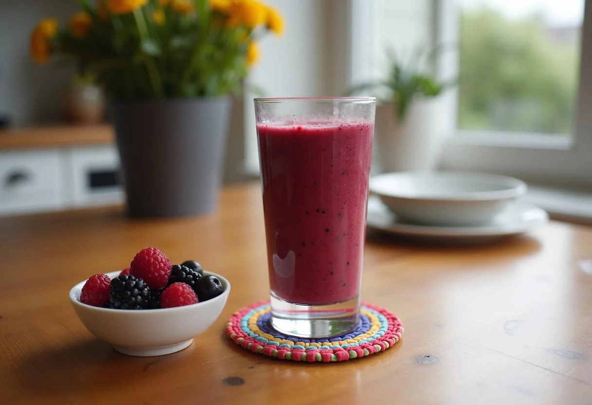 The final presentation of Marvel Jessica Jones' PI Power Smoothie on a rustic table, surrounded by fresh berries for an inviting and healthy look.