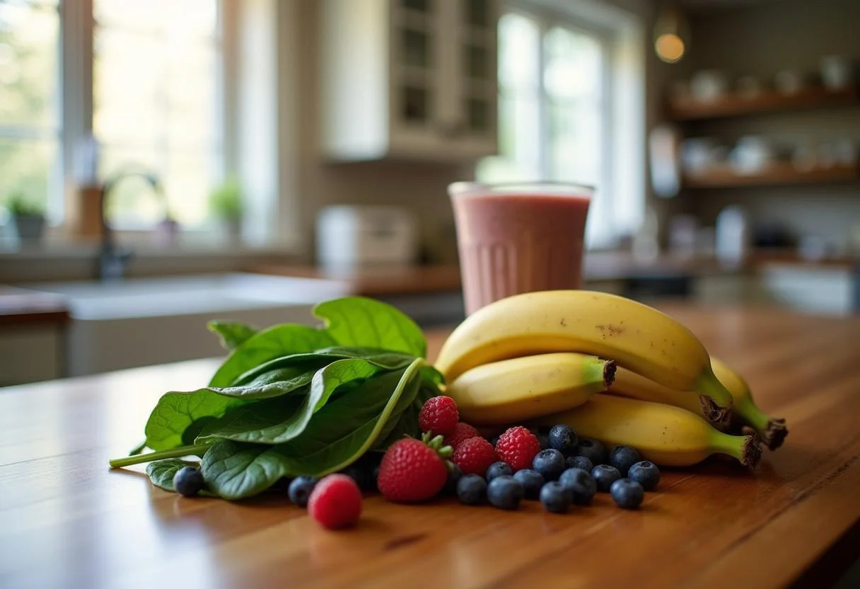 Fresh ingredients for Marvel Jessica Jones' PI Power Smoothie including spinach, bananas, and berries on a wooden counter.