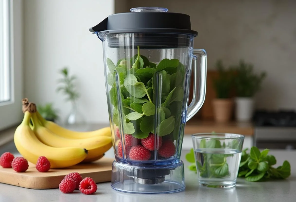 Blending fresh ingredients in a blender for Marvel Jessica Jones' PI Power Smoothie, showcasing a healthy concoction.