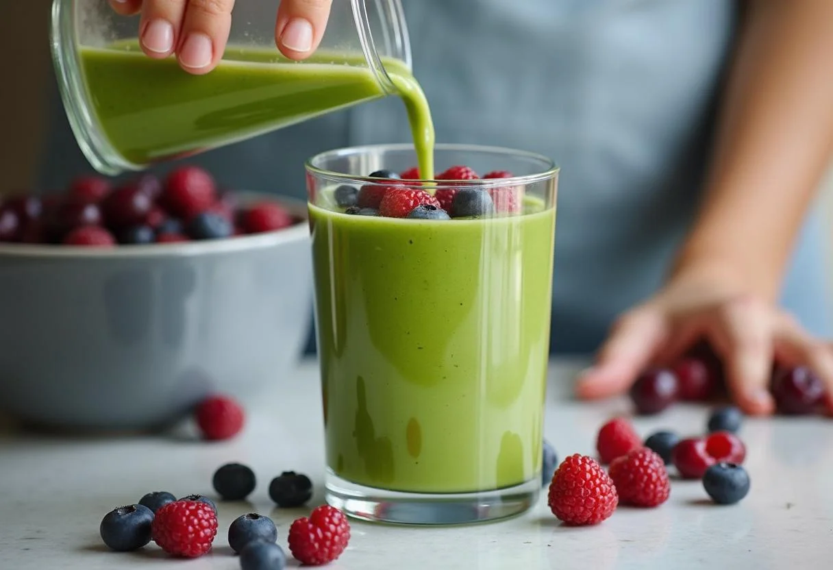 Pouring a green Marvel Jessica Jones' PI Power Smoothie into a tall glass, garnished with berries for a refreshing presentation.