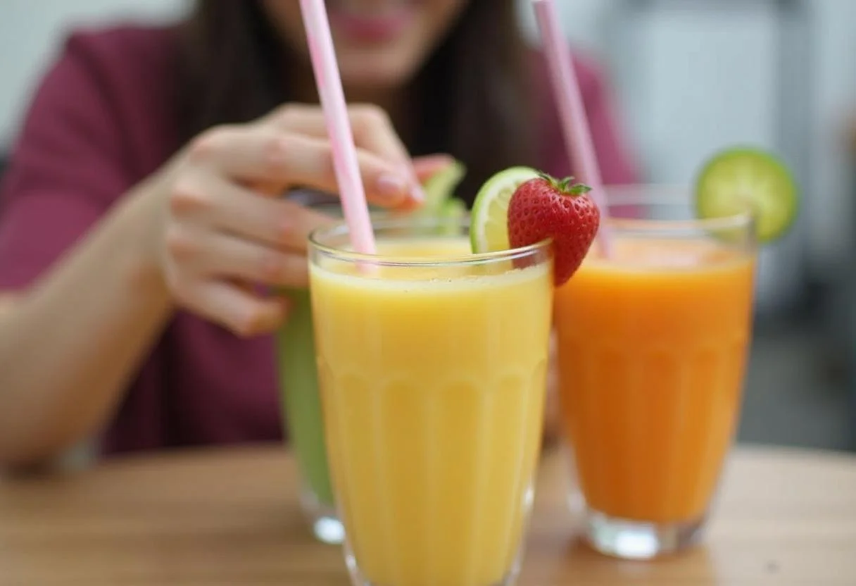 Adding a straw to the refreshing Marvel Jessica Jones' PI Power Smoothie in a tall glass, garnished for an appealing look.