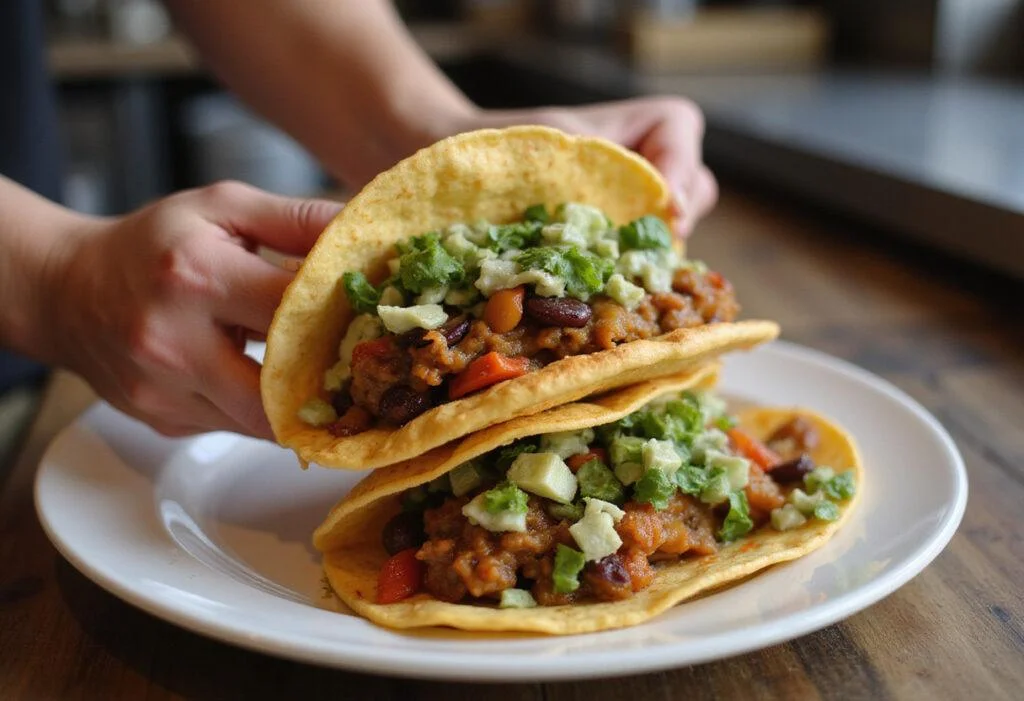Delicious Marvel Kang the Conqueror's Time-Displaced Tacos featuring fresh ingredients and savory filling held in hand above a plate.
