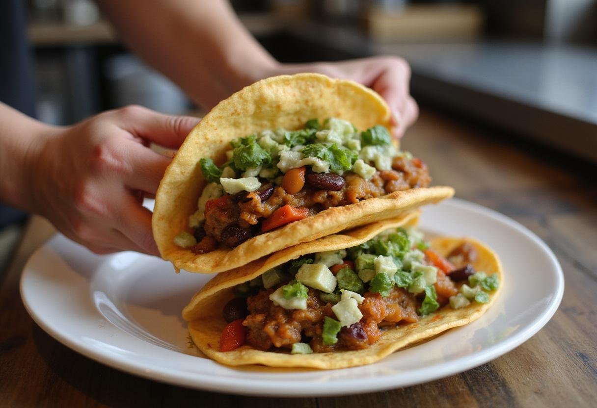 Delicious Marvel Kang the Conqueror's Time-Displaced Tacos featuring fresh ingredients and savory filling held in hand above a plate.
