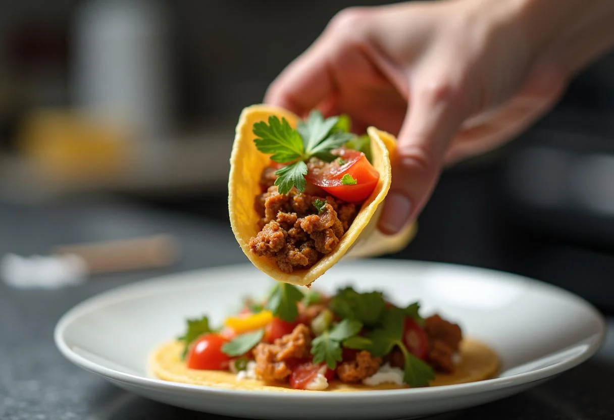 Delicious Marvel Kang the Conqueror's Time-Displaced Tacos featuring fresh ingredients and savory filling held in hand above a plate.