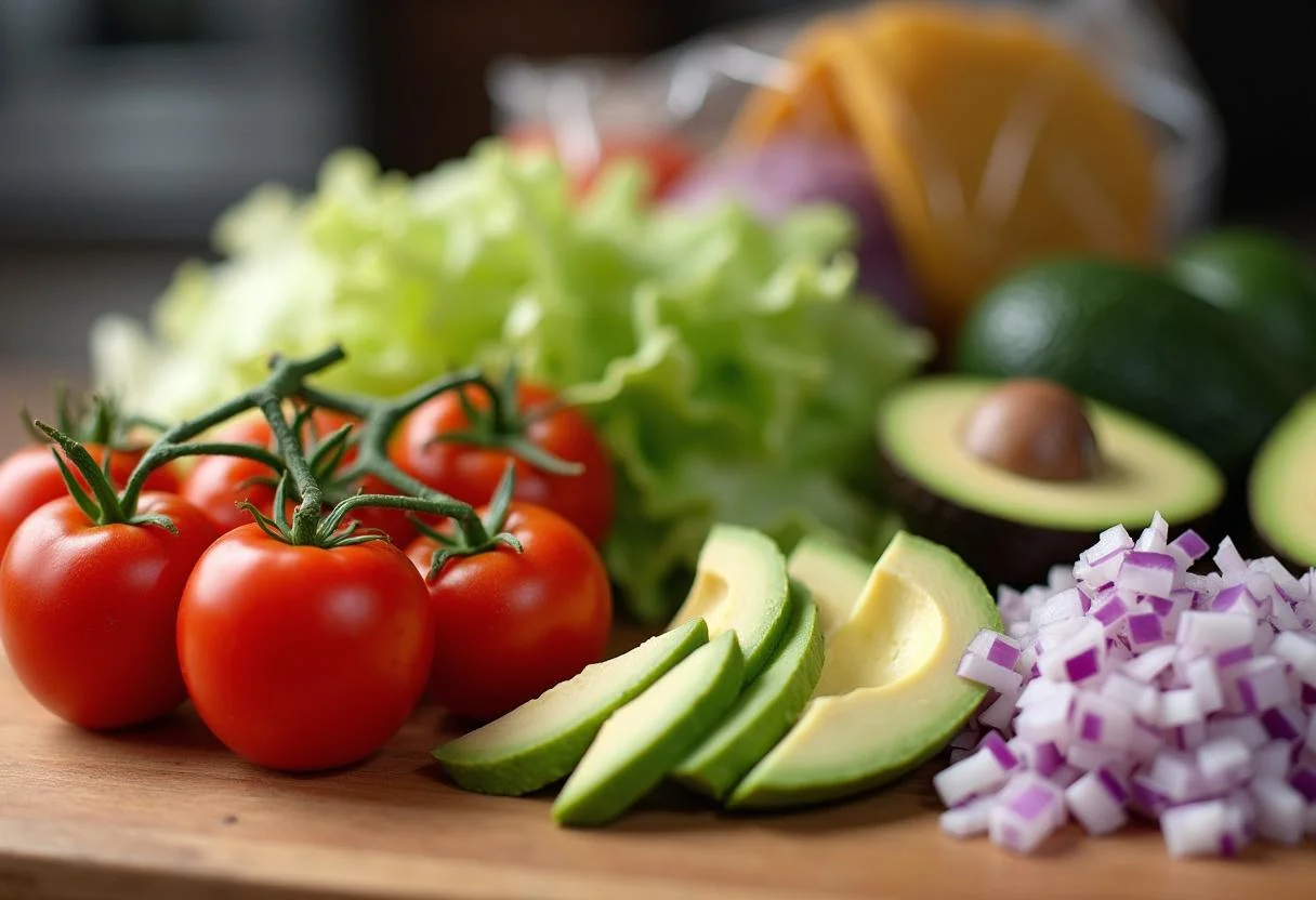 Ingredients for Marvel Kang the Conqueror's Time-Displaced Tacos, including fresh tomatoes, lettuce, onions, avocado, and corn tortillas on a wooden counter.