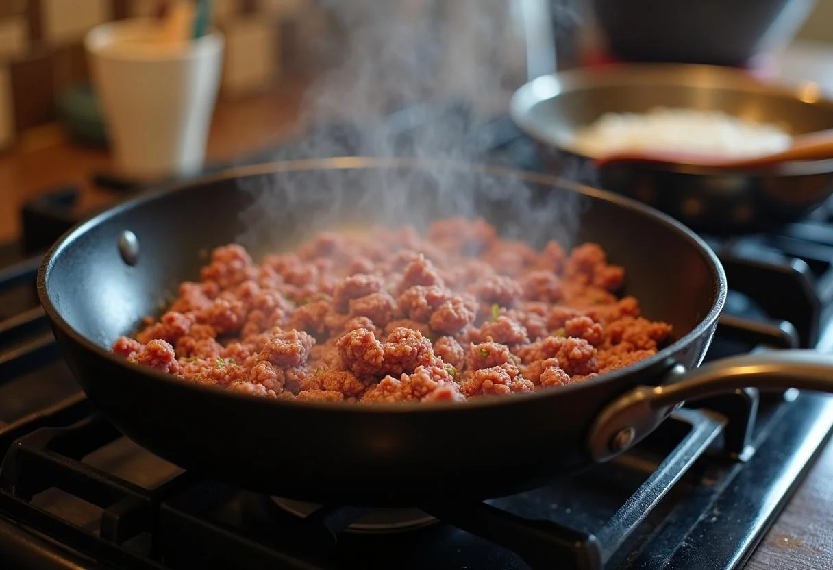 Cooking seasoned ground beef for Marvel Kang the Conqueror's Time-Displaced Tacos in a skillet, with steam rising from the hot meat.