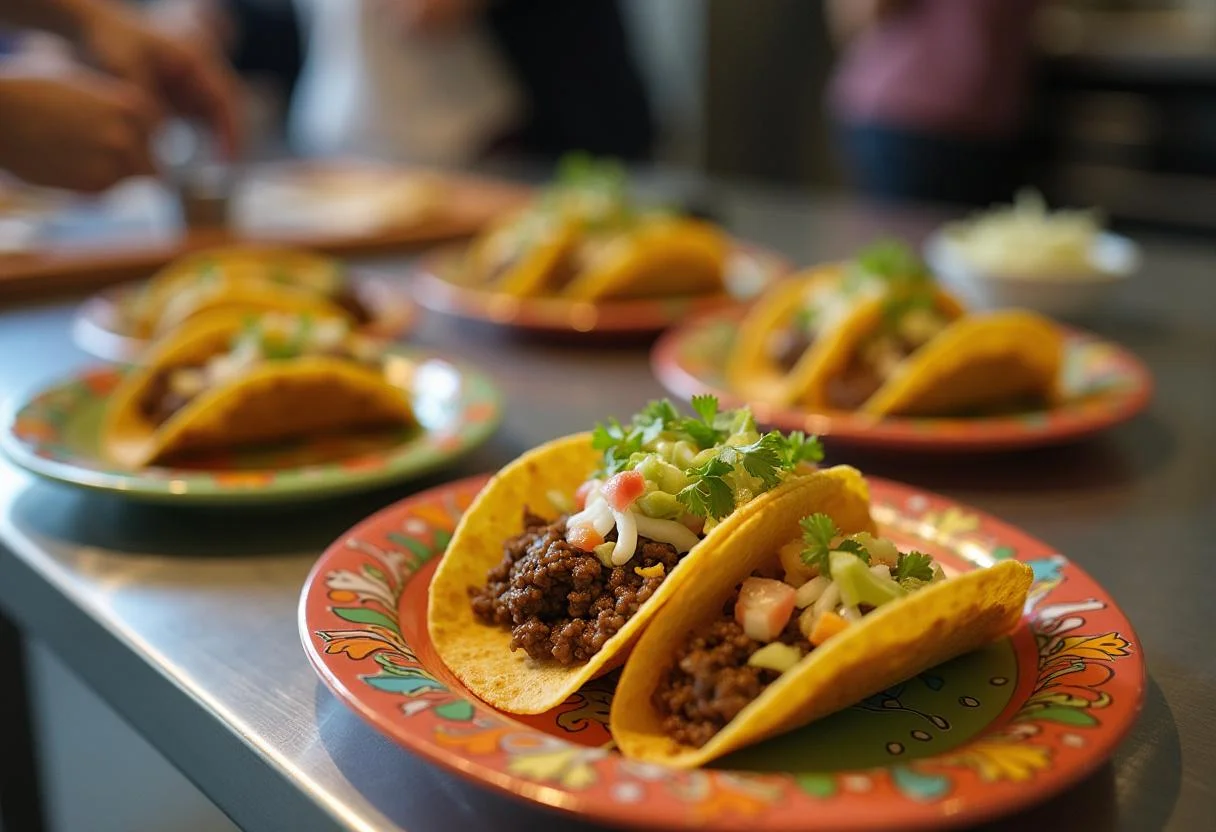 Assembling Marvel Kang the Conqueror's Time-Displaced Tacos with layers of ground beef, cheese, and fresh toppings on a colorful plate.