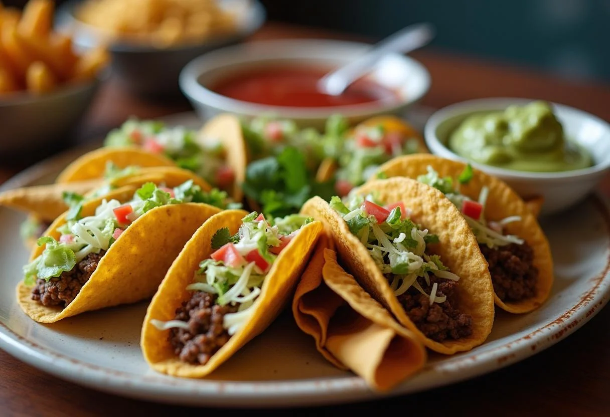 A vibrant taco platter featuring Marvel Kang the Conqueror's Time-Displaced Tacos with salsa and guacamole on a dining table.