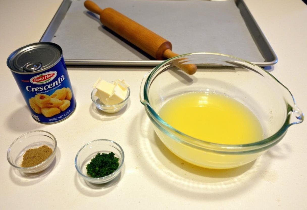 Ingredients for Marvel Moon Knight's Khonshu Crescent Rolls on countertop including dough, butter, garlic powder, and parsley.