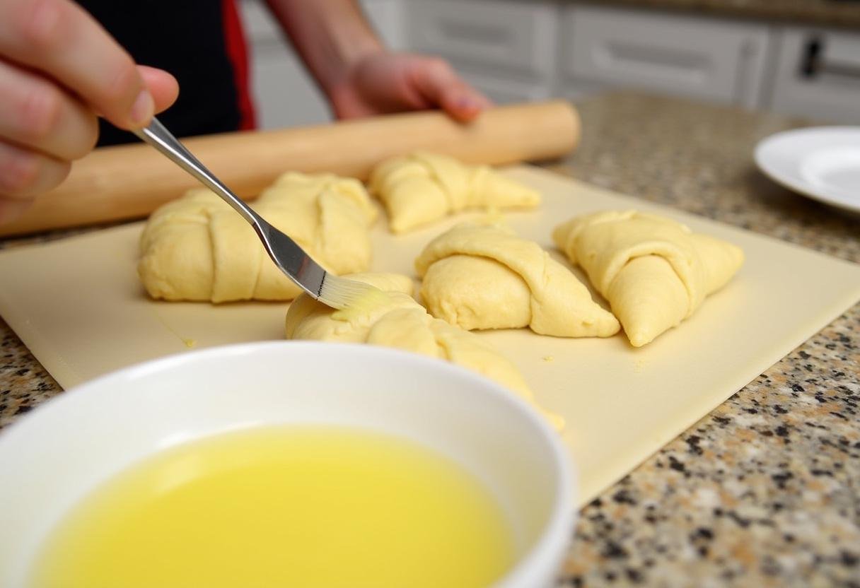 Unrolling crescent dough to prepare Marvel Moon Knight's Khonshu Crescent Rolls with melted butter ready to baste.
