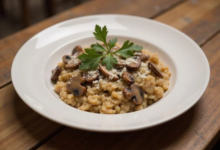 A stunning presentation of Marvel Mysterio's Illusionary Mushroom Risotto, showcasing the creamy texture and fresh garnishes.