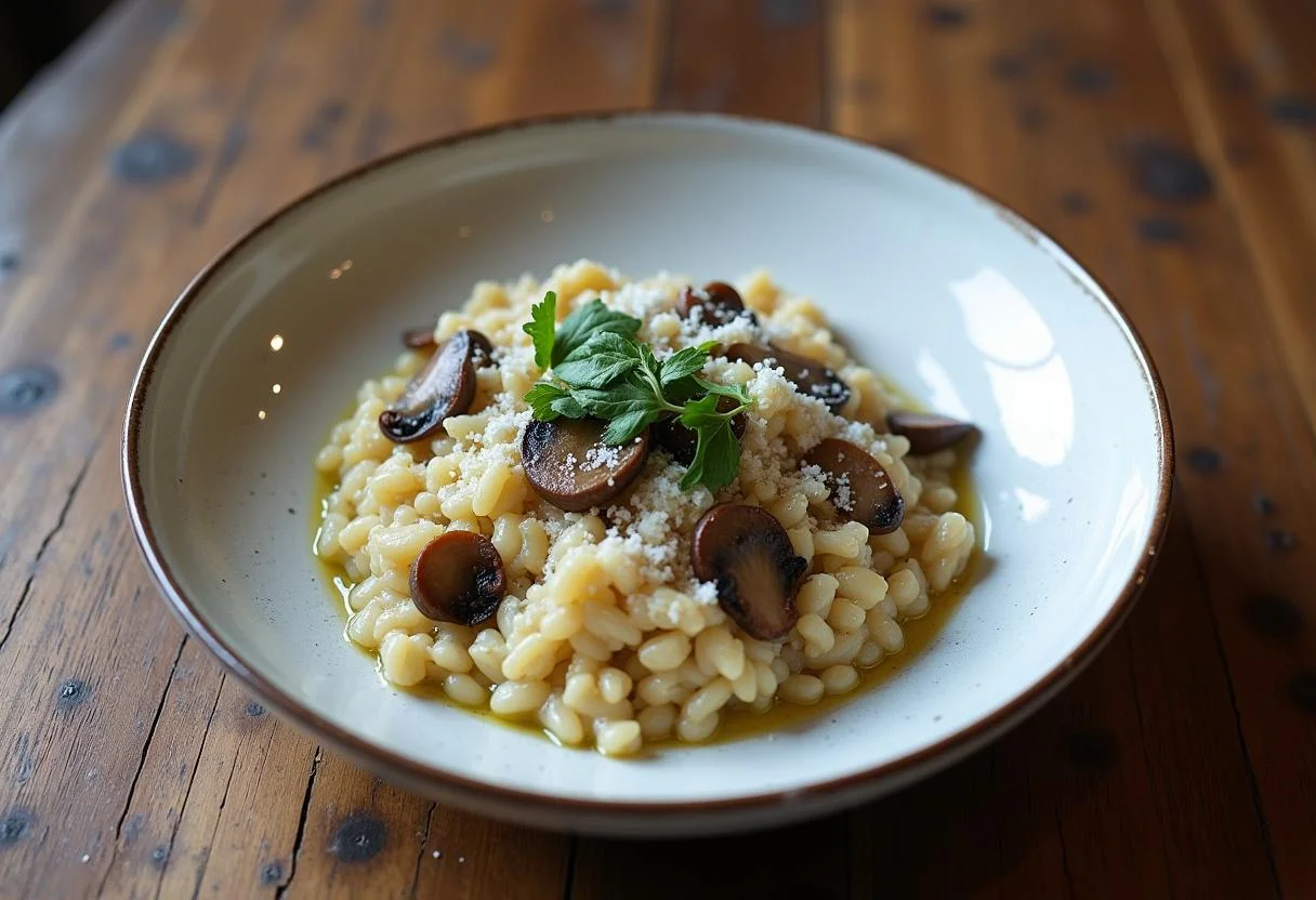 A stunning presentation of Marvel Mysterio's Illusionary Mushroom Risotto, showcasing the creamy texture and fresh garnishes.
