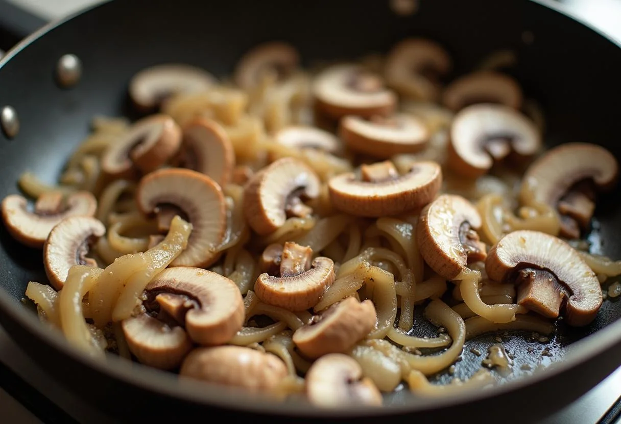 Fresh ingredients for Marvel Mysterio's Illusionary Mushroom Risotto, with sautéed mushrooms and onions heating in a pan.