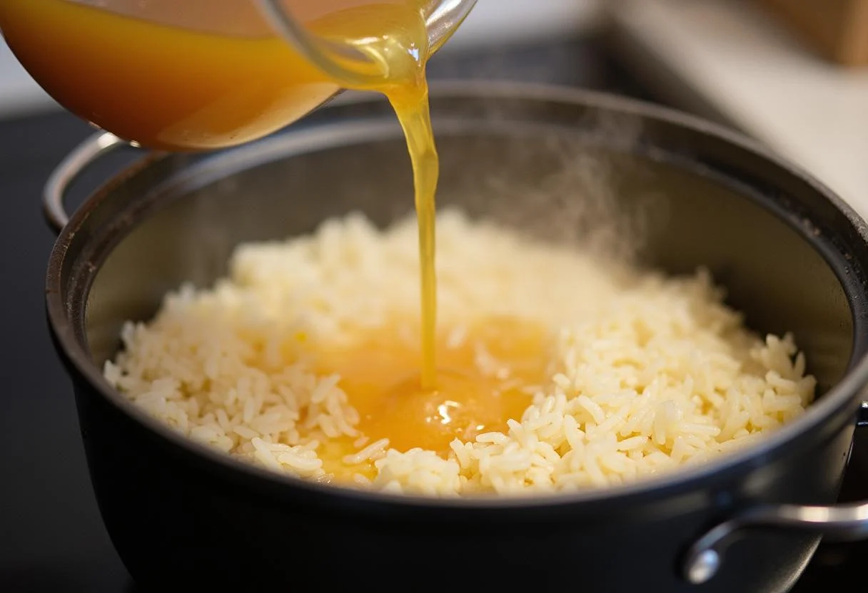 Creating the creamy base for Marvel Mysterio's Illusionary Mushroom Risotto, arborio rice simmering with vegetable broth.