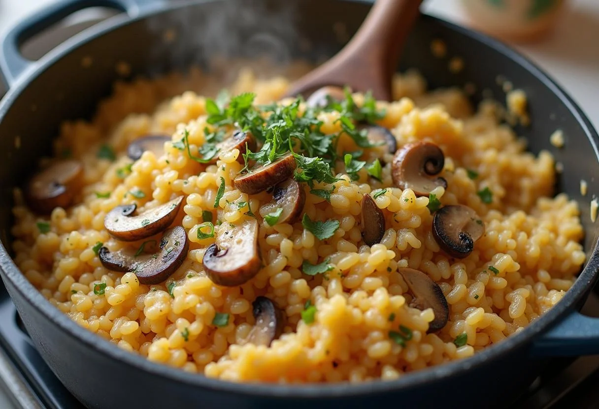 Combining the sautéed mushrooms and onions into the Arborio rice for Marvel Mysterio's Illusionary Mushroom Risotto, creating a flavorful mixture.