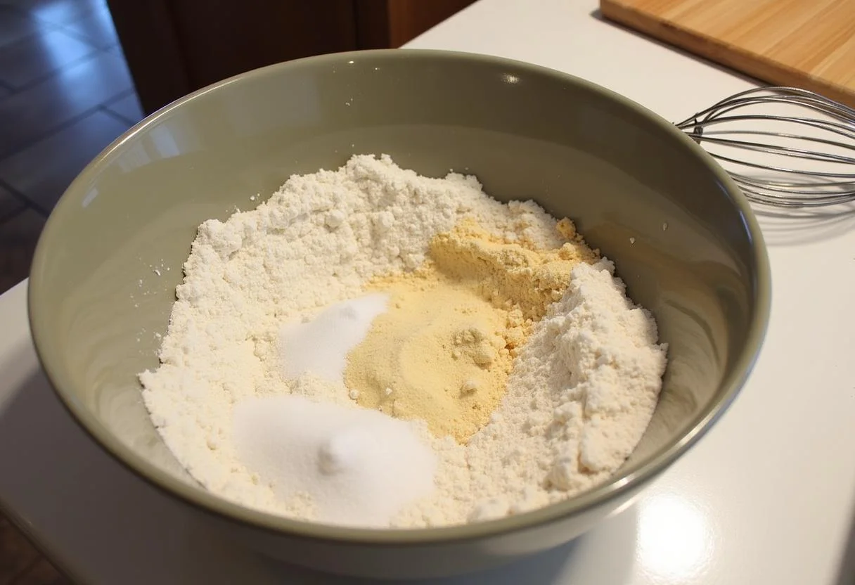 Dry ingredients for Marvel Nova's Worldmind Waffle Sticks, including flour, sugar, and baking powder, in a mixing bowl.