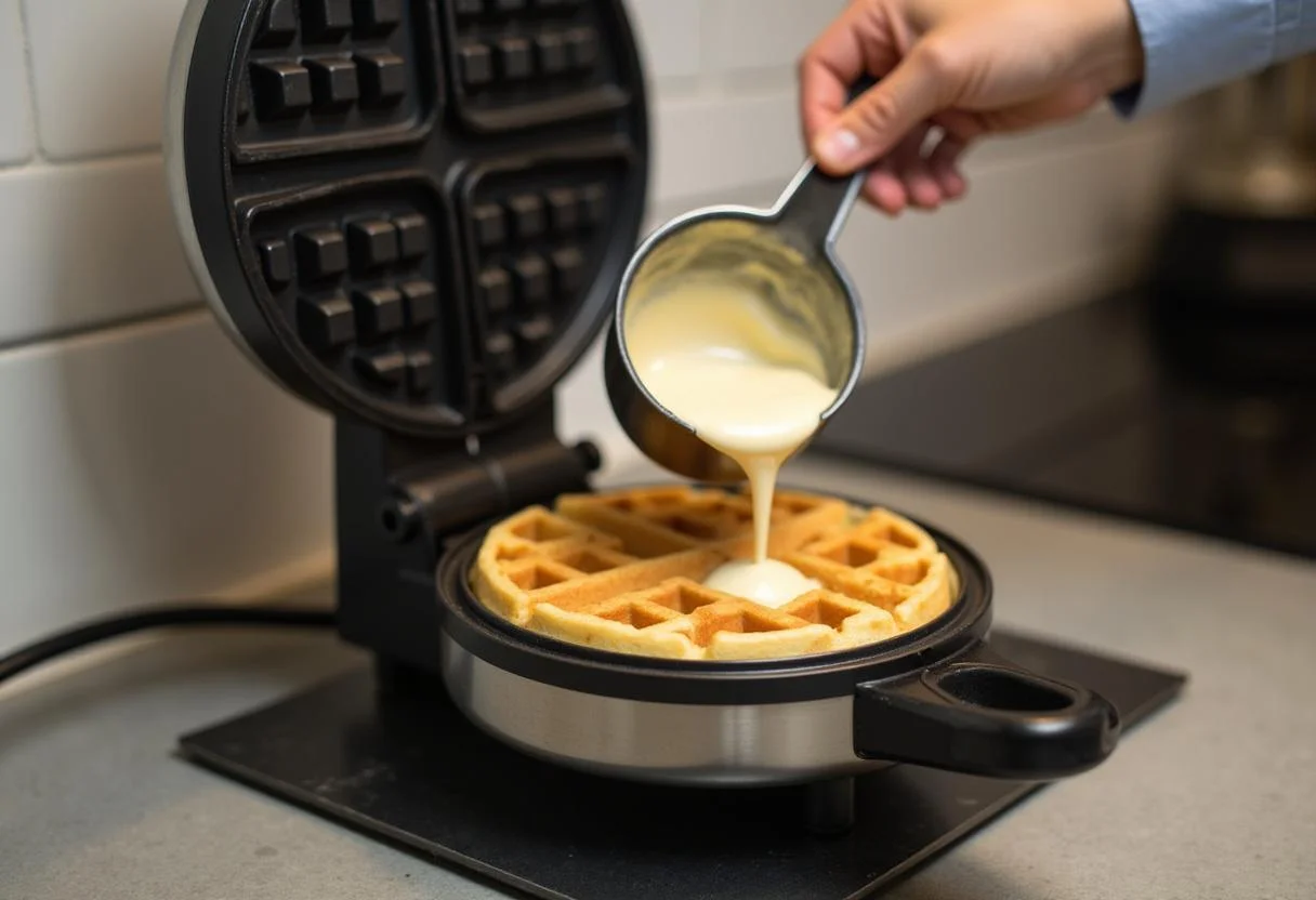 Preparing to cook Marvel Nova's Worldmind Waffle Sticks by pouring batter into a preheated waffle iron.