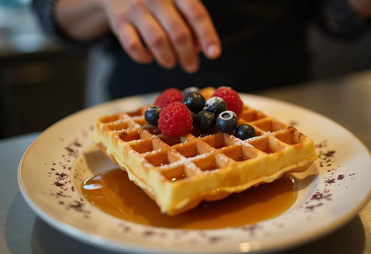 Freshly cooked Marvel Nova's Worldmind Waffle Sticks on a plate, garnished with syrup and berries in a cozy kitchen.