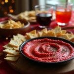 Inviting table spread with Marvel Scarlet Witch Hexed Hummus as the centerpiece, surrounded by an assortment of snacks and drinks for a delightful gathering.