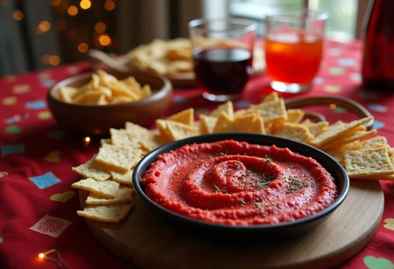 Inviting table spread with Marvel Scarlet Witch Hexed Hummus as the centerpiece, surrounded by an assortment of snacks and drinks for a delightful gathering.