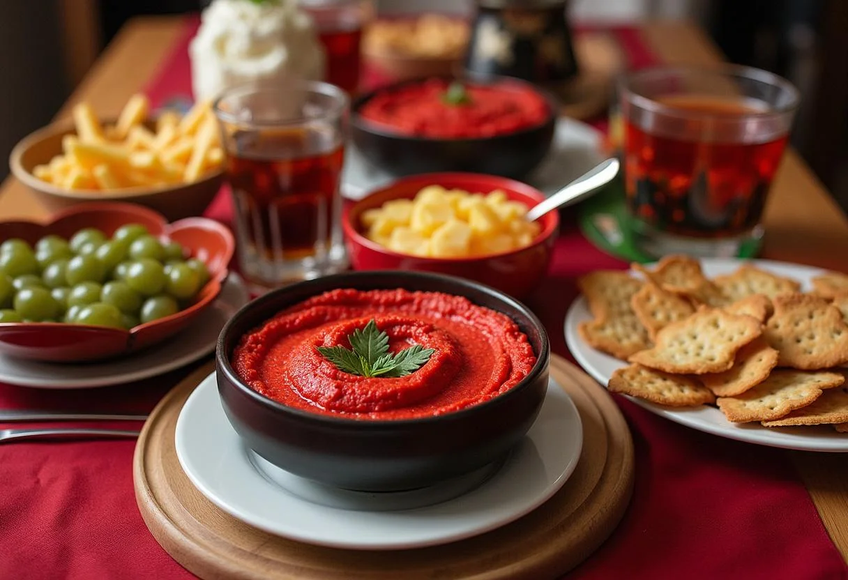 Inviting table spread with Marvel Scarlet Witch Hexed Hummus as the centerpiece, surrounded by an assortment of snacks and drinks for a delightful gathering.