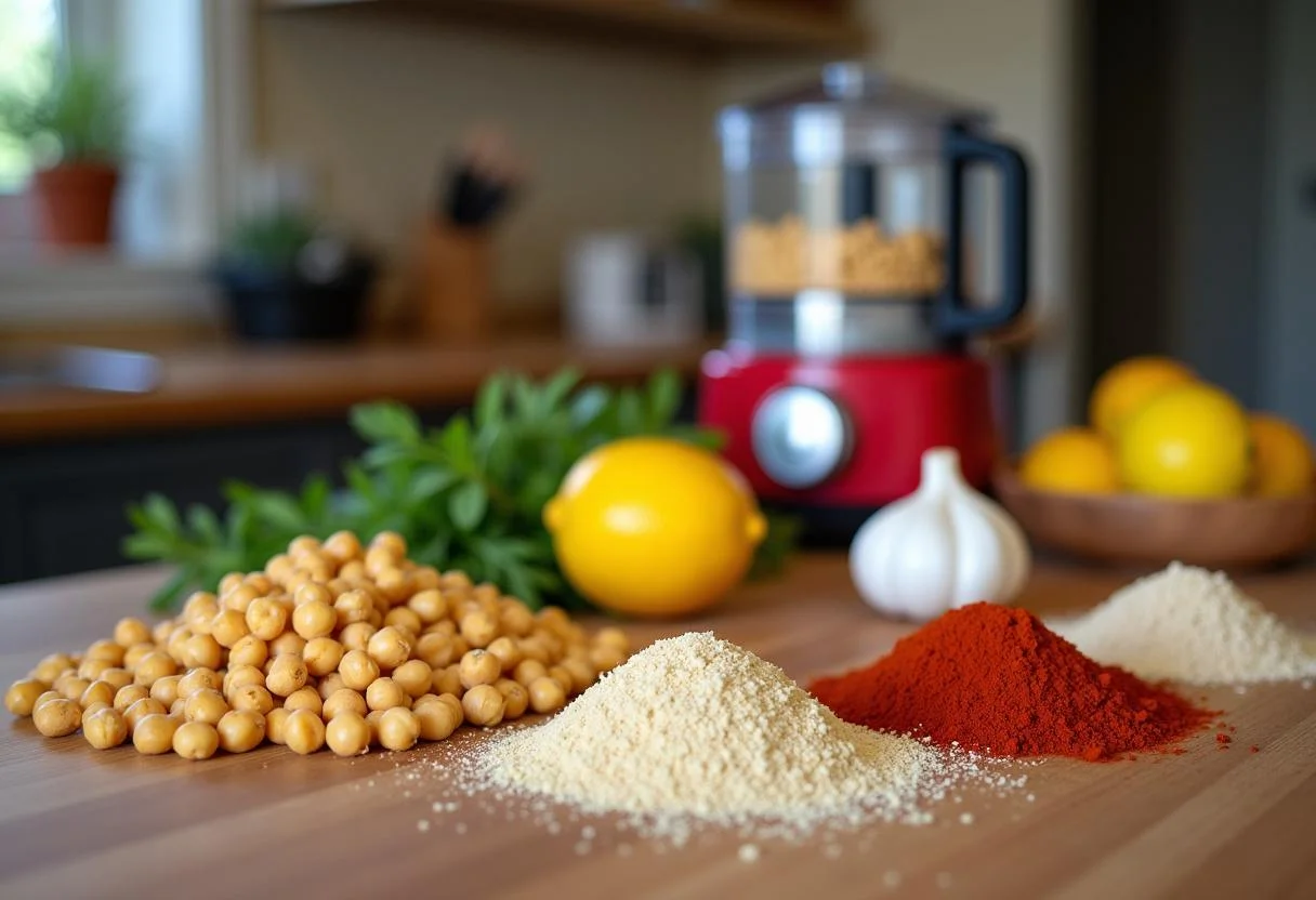 Fresh ingredients for Marvel Scarlet Witch Hexed Hummus, including chickpeas, tahini, garlic, and lemon arranged in a bright kitchen.