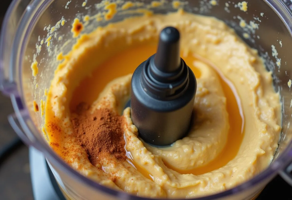 Blending chickpeas and tahini in a food processor for Marvel Scarlet Witch Hexed Hummus, showcasing a smooth and creamy texture in the making.