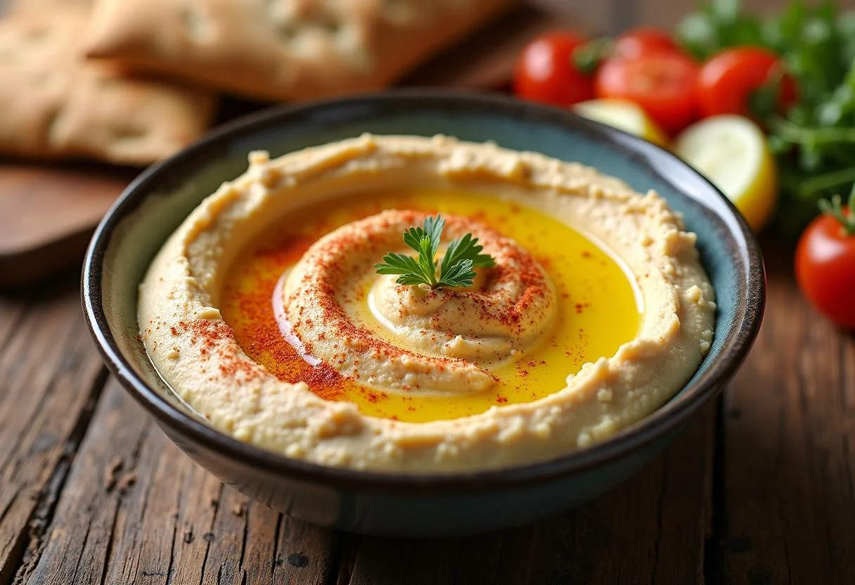 Deliciously blended Marvel Scarlet Witch Hexed Hummus served in a bowl, garnished with paprika and olive oil, paired with pita bread and veggies.