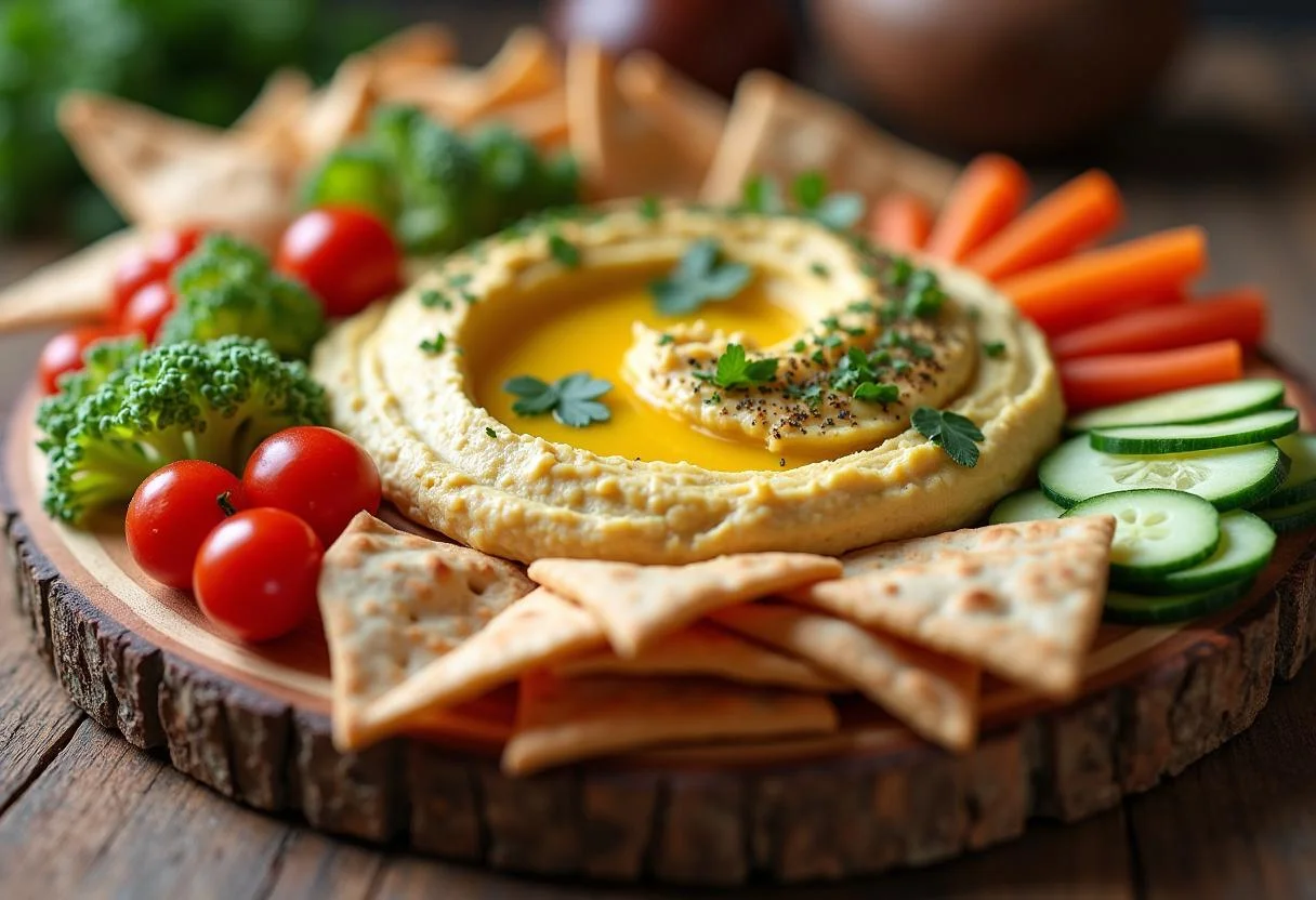 Beautiful presentation of Marvel Scarlet Witch Hexed Hummus on a serving board, accompanied by fresh vegetables and pita chips, perfect for entertaining.