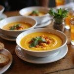The final presentation of Marvel Sentry's Golden Guardian Gazpacho served beautifully on a table, showcasing vibrant colors and inviting textures.
