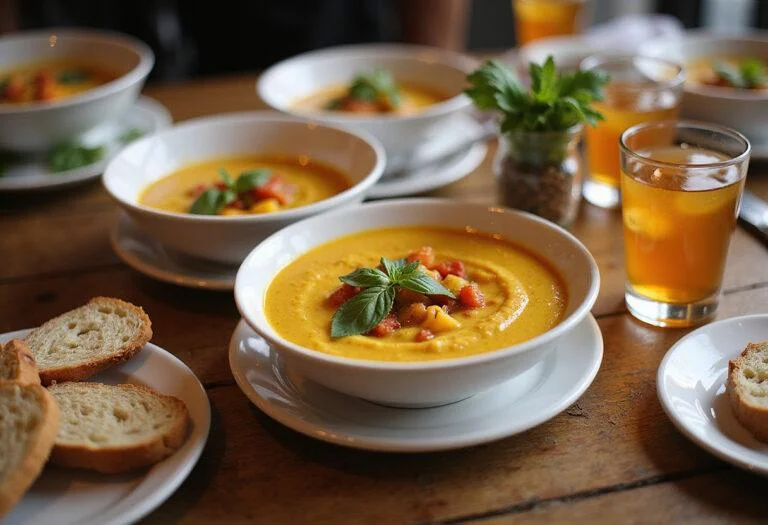 The final presentation of Marvel Sentry's Golden Guardian Gazpacho served beautifully on a table, showcasing vibrant colors and inviting textures.