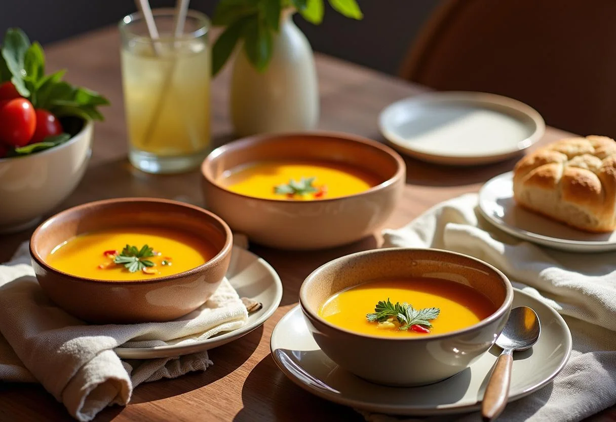 The final presentation of Marvel Sentry's Golden Guardian Gazpacho served beautifully on a table, showcasing vibrant colors and inviting textures.