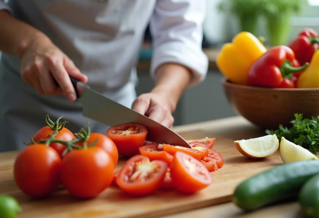 Chopping fresh ingredients for Marvel Sentry's Golden Guardian Gazpacho with vibrant tomatoes and vegetables.