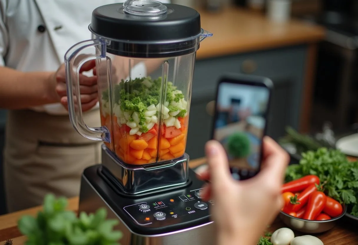 Blending the fresh vegetable mixture to create the perfect texture for Marvel Sentry's Golden Guardian Gazpacho.