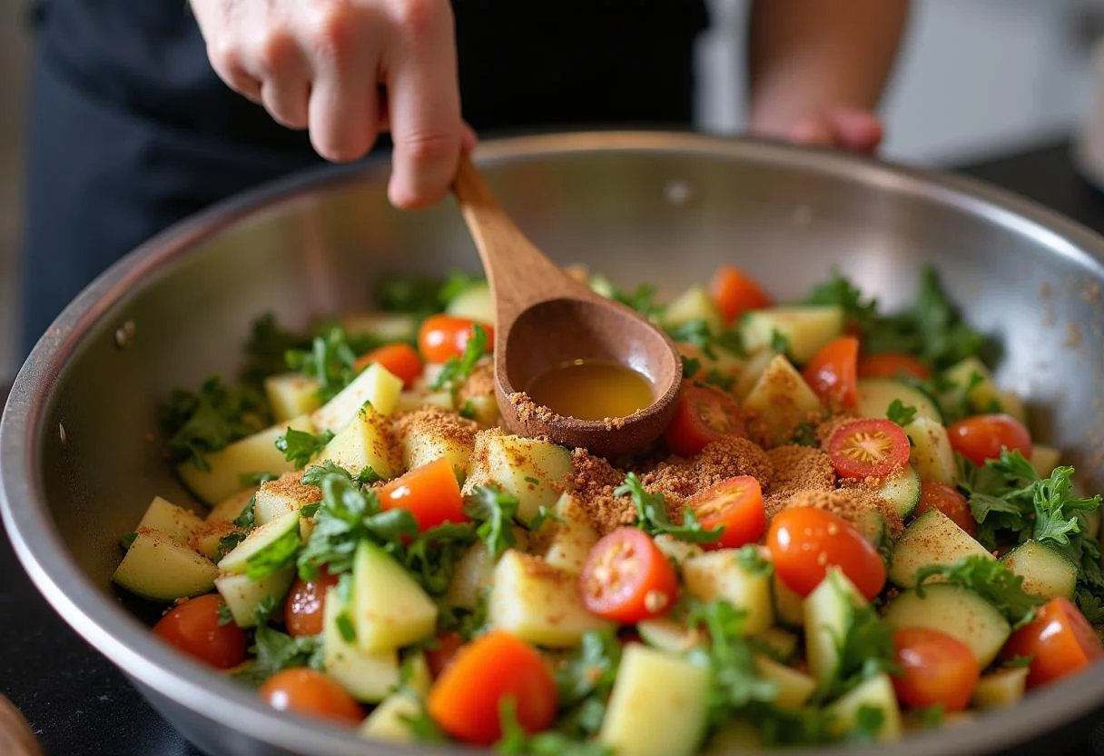 Combining flavors for Marvel Sentry's Golden Guardian Gazpacho in a mixing bowl filled with vibrant blended vegetables.