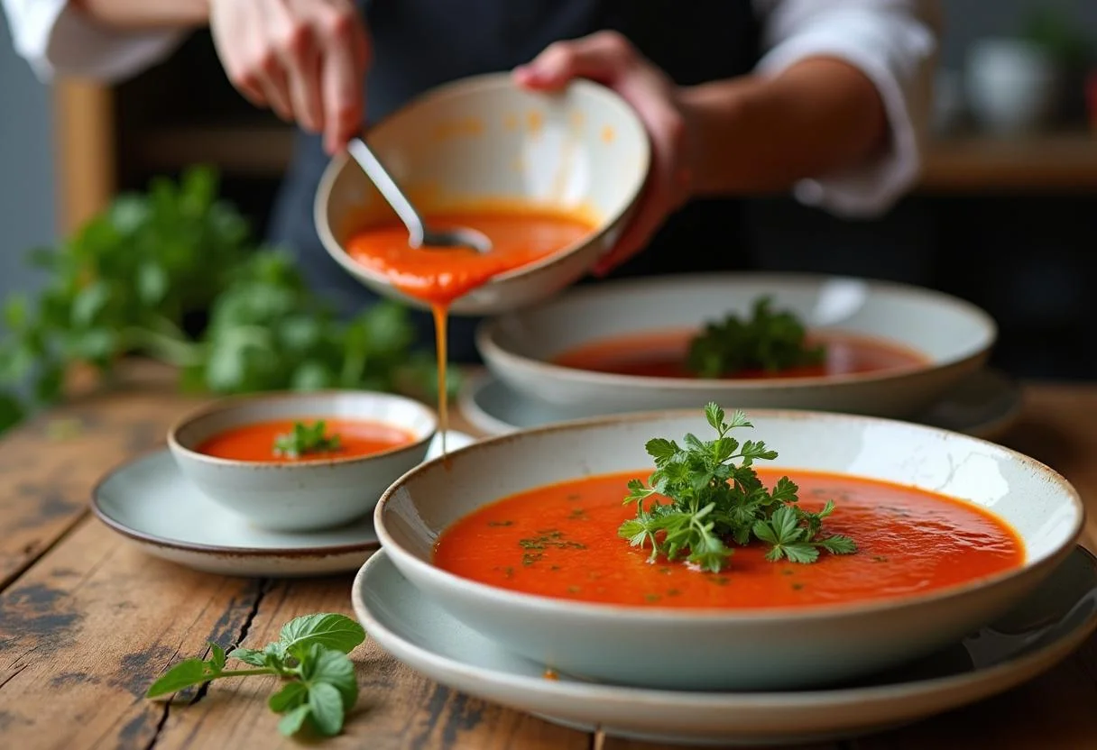 Pouring a delicious serving of Marvel Sentry's Golden Guardian Gazpacho garnished with fresh herbs in elegant bowls.